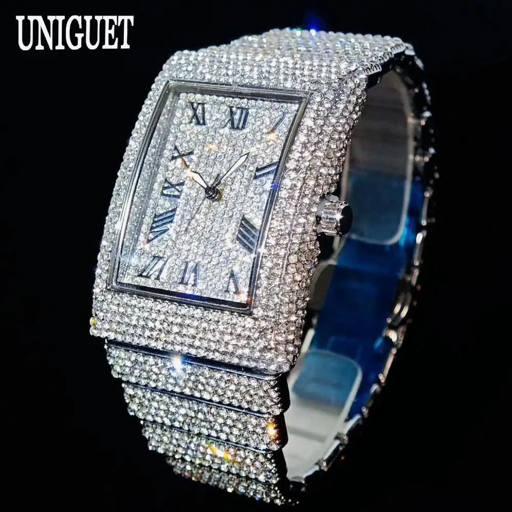 Fashion Rose Watch For Men Luxury Stainless Street Hip Hop Ice Diamond Rectangle Wristwatch Male With Calendar Rlógios Masculino