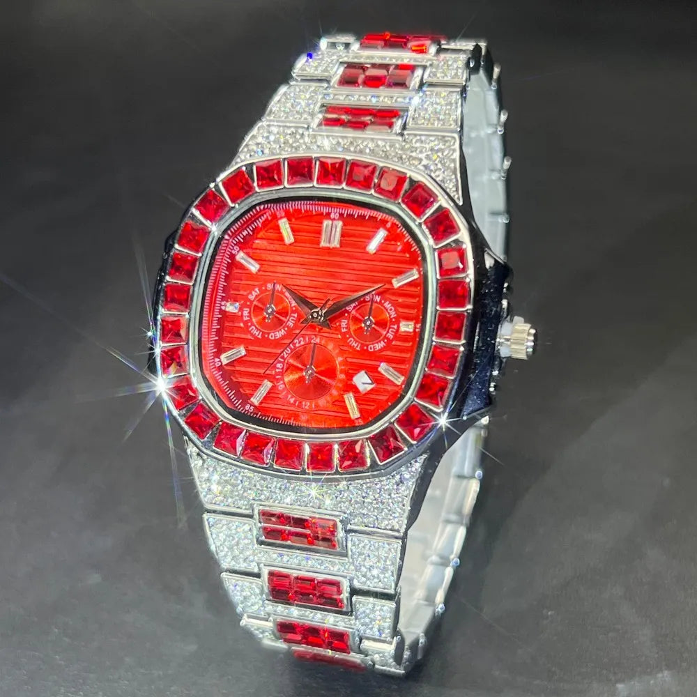 MISSFOX Luxury Watch For Men Green Sliver IcedOut Diamond Hip Hop Quartz Waterproof Clock Men Square Diamond Male Watch 2025 New