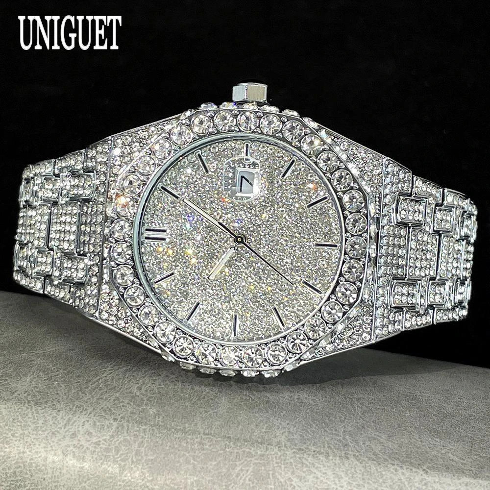 UNIGUET Fashion Iced Out Watch Mens Luxury Waterproof Quartz Watch For Man Hip Hop High Quality Big Diamond Wristwatch Hot Sale
