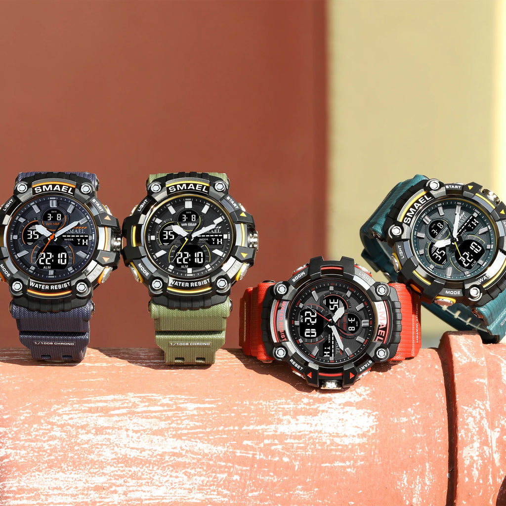 SMAEL Brand Sport Watch Men Quartz Wristwatches Waterproof Dual Time Display Military Army Green Male Clock 8079 Mens Watches