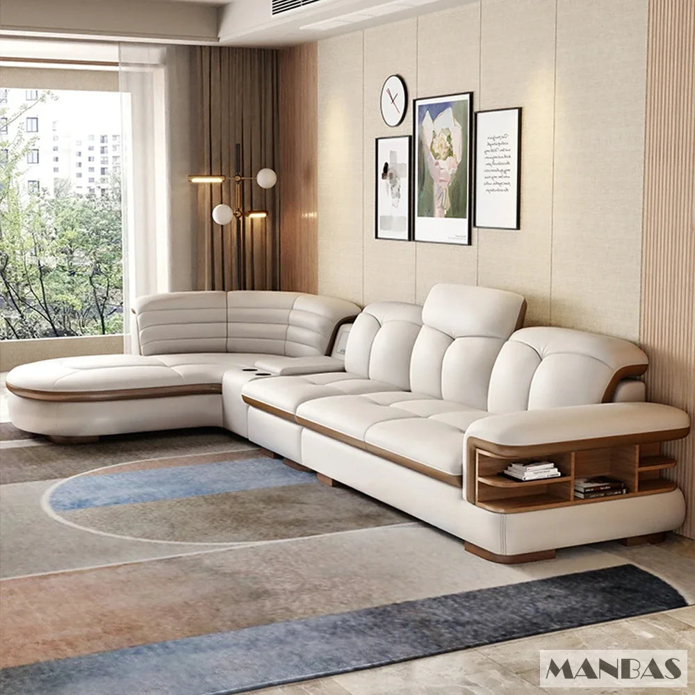 MANBAS Luxury L-Shaped Genuine Leather Sectional Sofa Sets with USB, Bluetooth Speaker - Living Room Italian Leather Couches