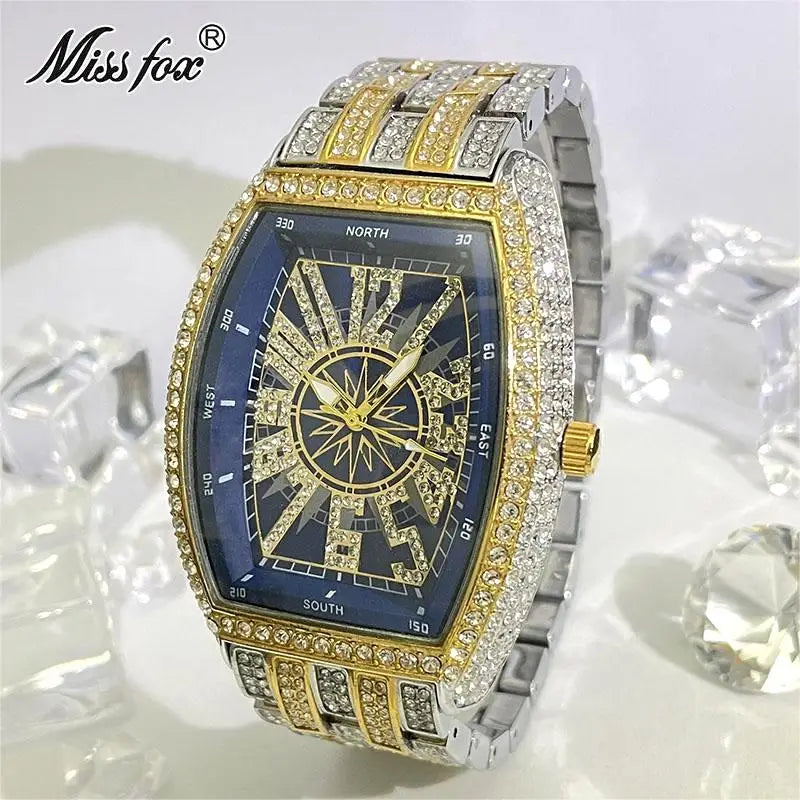 Luxury Gold Watches Men Brand MISSFOX Fashion Hip Hop lce Diamond Sun Pattern Literal Quartz Wristwatch Male Dropshipping Hot
