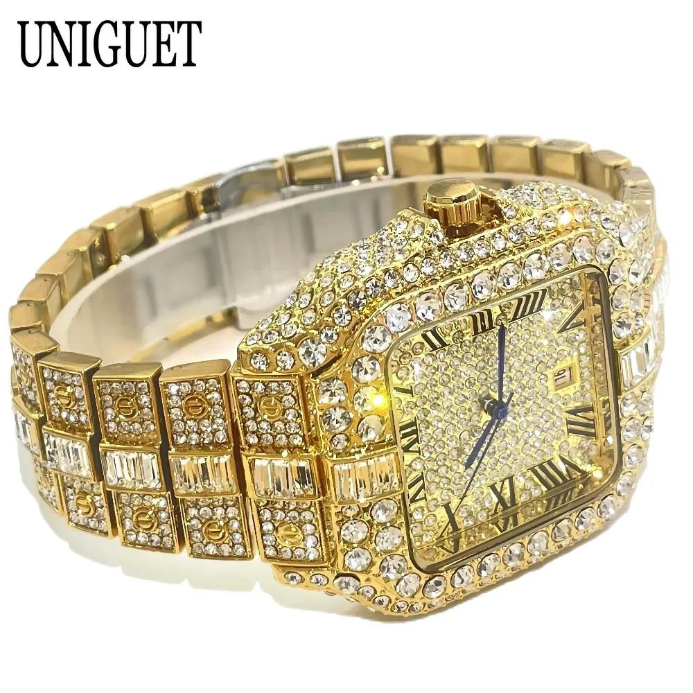 UNIGUET Fashion Watch For Men Luxury Rose Square Iced Out Quartz Watch Man Hip Hop Full Diamond Jewelry Wristwatch Reloj HombreU