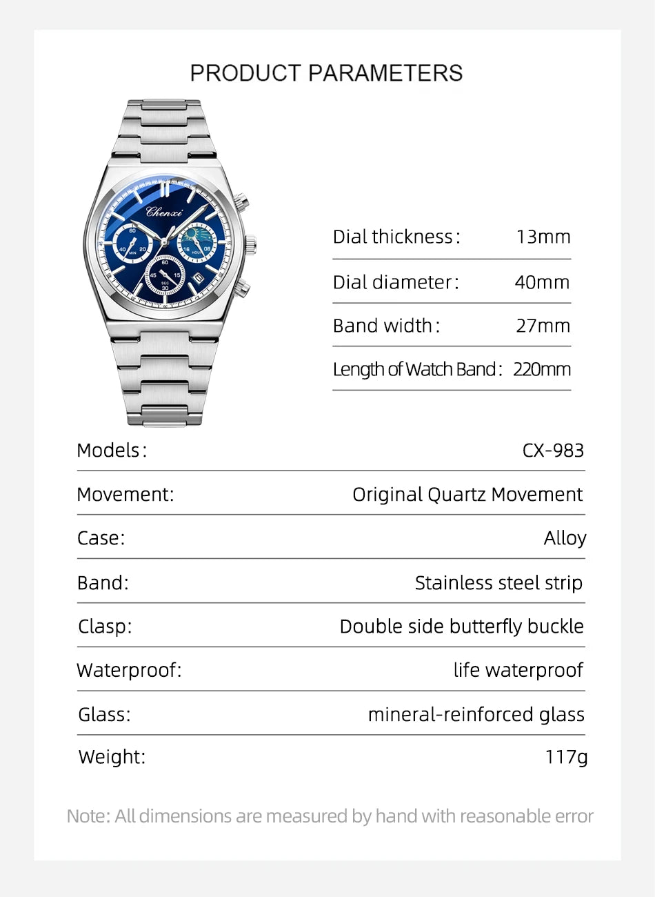 Men's Watches CHENXI 2025 High Quality Sports Chronograph Date Quartz Wristwatch Men's Watch Stainless Steel Waterproof Luminous