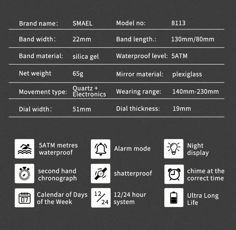 SMAEL Men's Sport Digital LED Watch Dual Time Stopwatch Alarm Clock 50M Waterproof 8113 Wristwatch Sports Army Military Watches