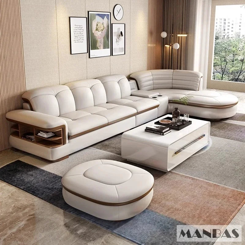 MANBAS Luxury L-Shaped Genuine Leather Sectional Sofa Sets with USB, Bluetooth Speaker - Living Room Italian Leather Couches