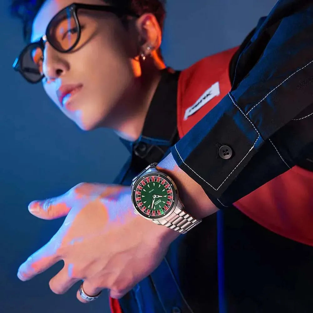 Mark Fairwhale 2025 New Fashion Men Quartz Watch Arabic numerals Rotating Dial Roulette Luminous Waterproof Men's Wristwatch
