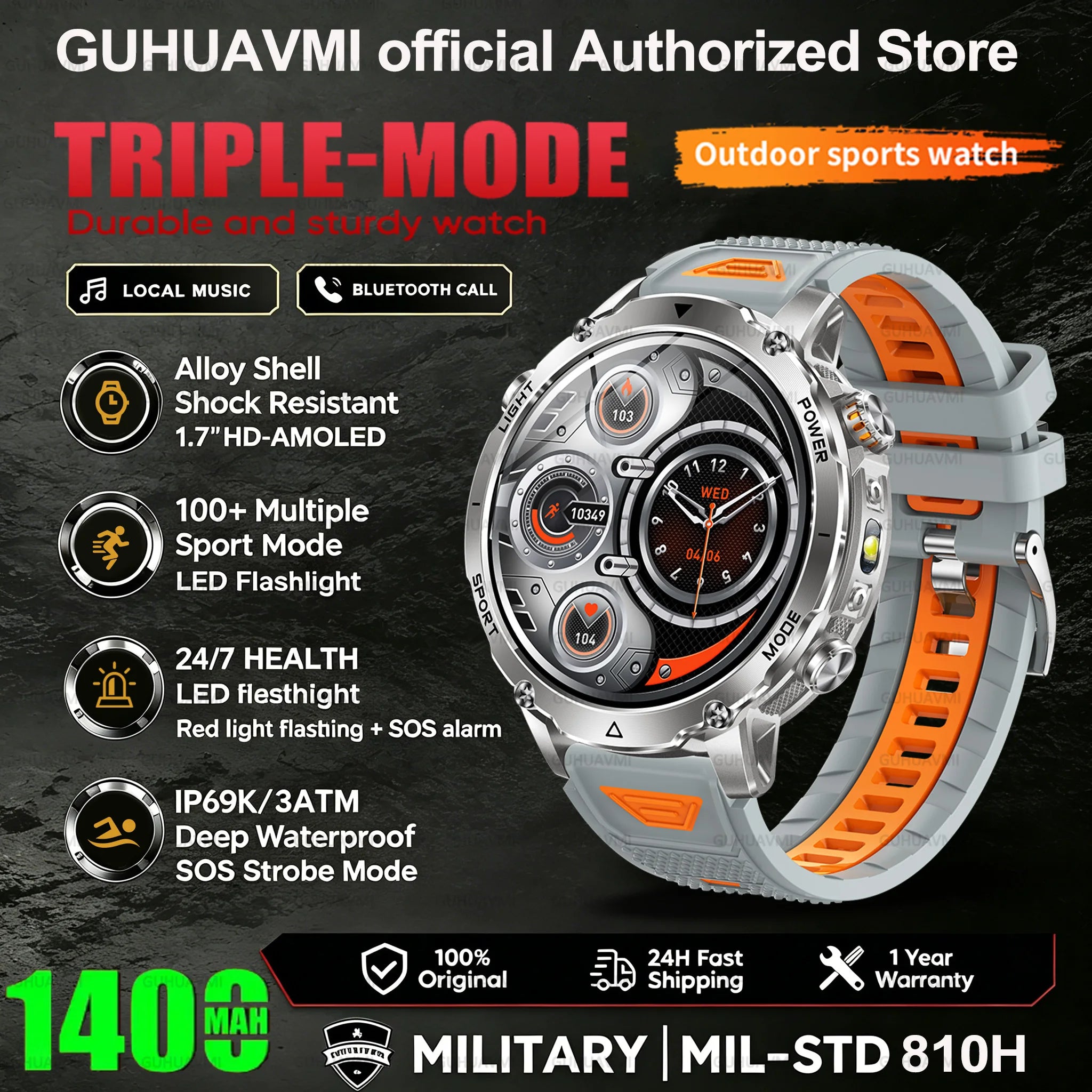 2026 New Smart Watch Bluetooth Call 1400mAh Large Battery Sport Heart Rate 1.7" Military Outdoor Men Smartwatch For Android IOS