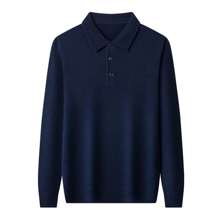 Autumn and Winter New Warm Soft Pullover Men's Business Lapel Knitwear Casual Solid Color Long Sleeve Polo Shirt Office