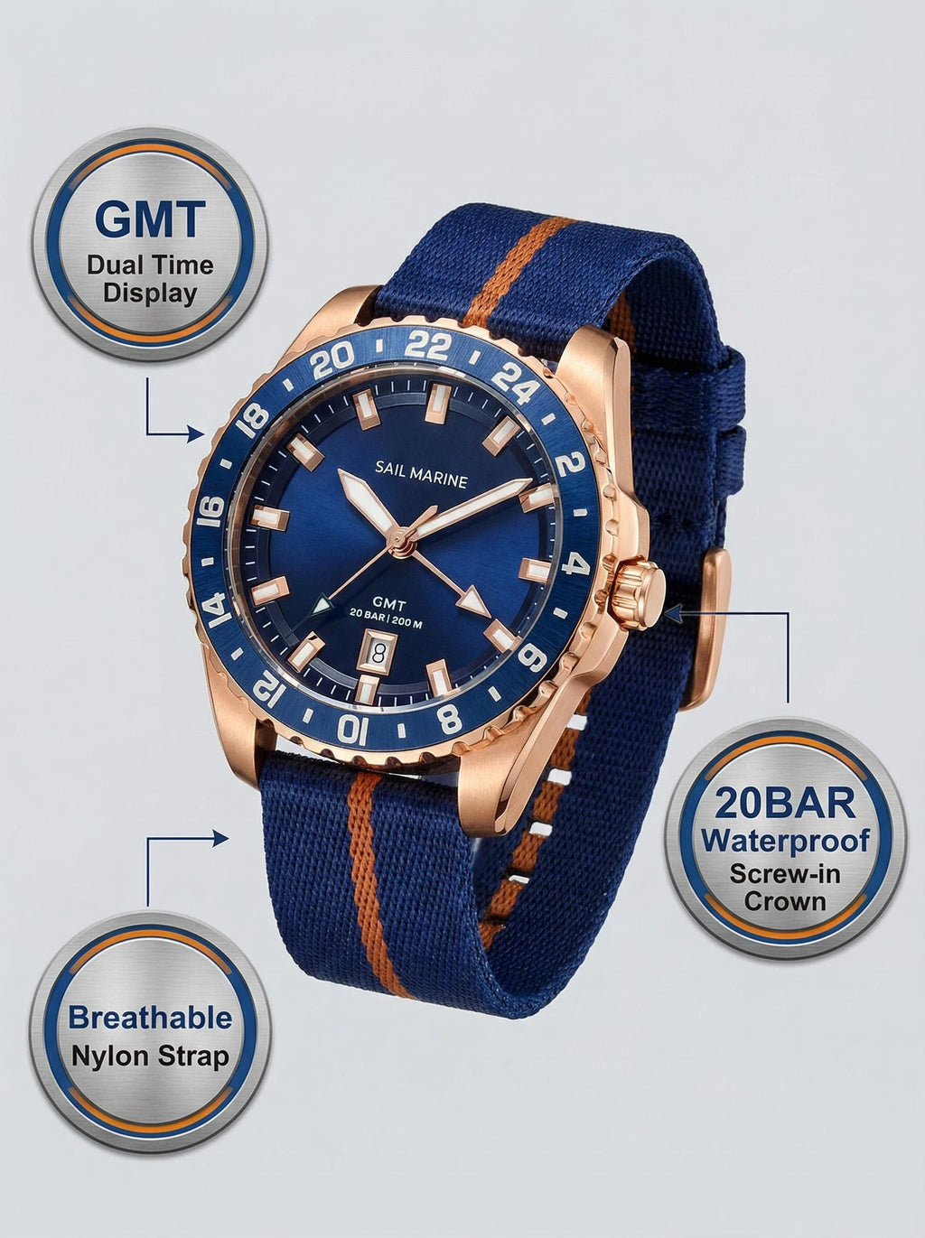 Top Quality Rose Gold Men's Luminous Casual Watch Fabric Strap GMT Quartz Wristwatch Stainless Steel Case 20 Bar Deep Waterproof