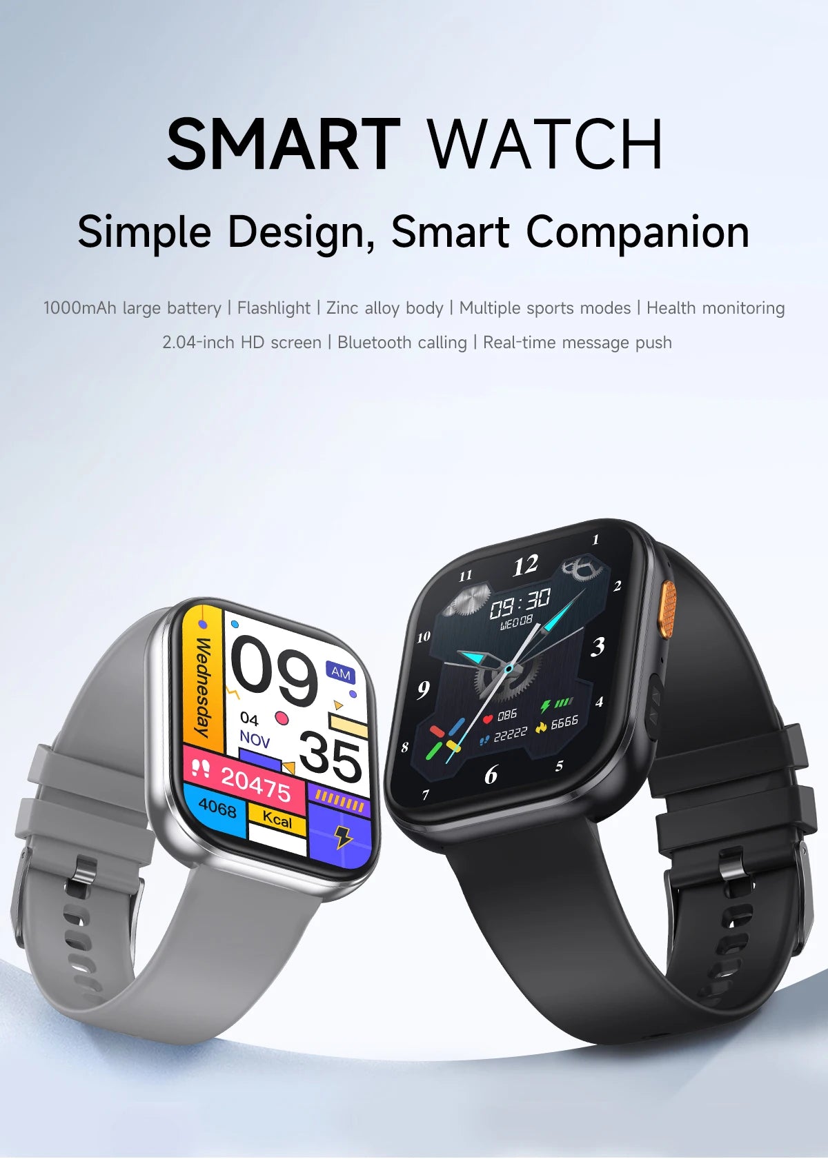 New 1000mAh Large Battery Smartwatch Men Women | 2.04"HD Screen BluetoothCall Heart Rate Monitor Flashlight Sports Fitness Watch