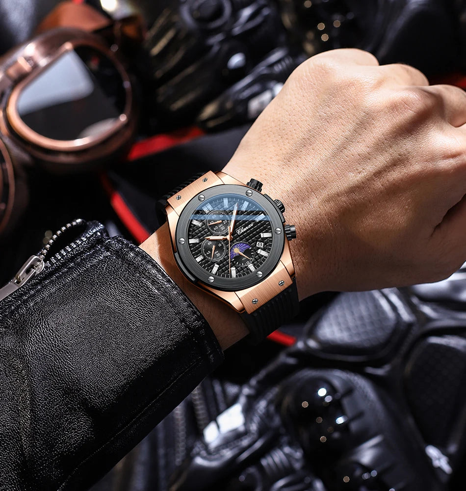 CHENXI Original Watch Quartz Waterproof Sports Watches Men Silicone Strap Chronograph Calendar Multi Functional Wristwatches
