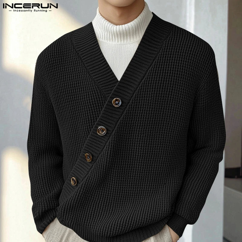 Autumn Stylish Men Tops INCERUN Hot Sale Texture Diagonal Sweater Casual Streetwear Solid V-neck Long Sleeved Sweater S-5XL 2024