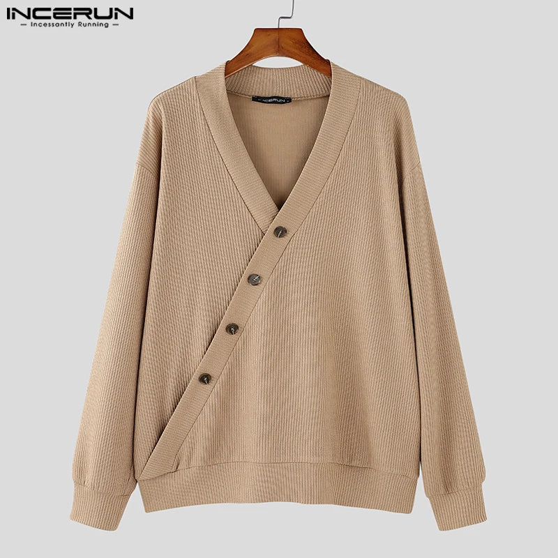 Autumn Stylish Men Tops INCERUN Hot Sale Texture Diagonal Sweater Casual Streetwear Solid V-neck Long Sleeved Sweater S-5XL 2024