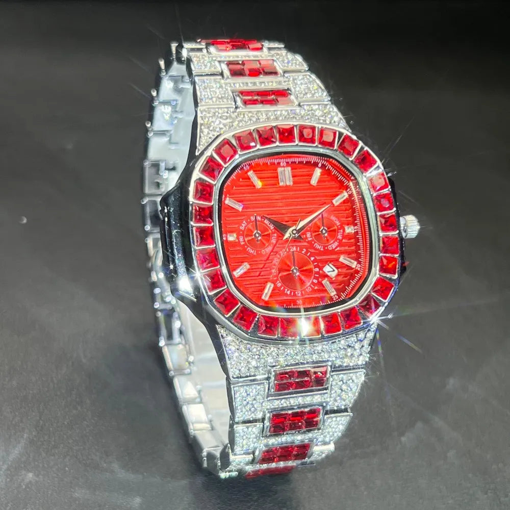 MISSFOX Luxury Watch For Men Green Sliver IcedOut Diamond Hip Hop Quartz Waterproof Clock Men Square Diamond Male Watch 2025 New