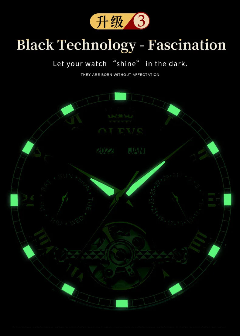 OLEVS 6607 Fully Automaitc Watches Stainless Steel Skeleton Flywheel Dual Calendar Top Luxury Brand Men's Mechanical Wristwatch