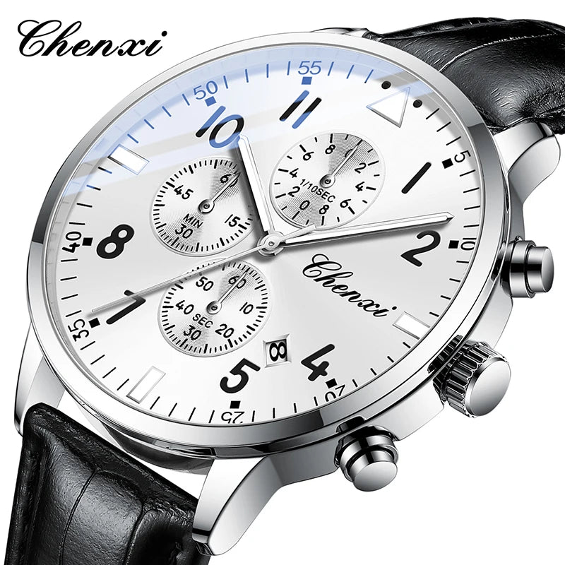 2025 New CHENXI Man Watch 43mm Classic Sports Chronograph Waterproof Luminous Quartz Men's Watches Leather Strap