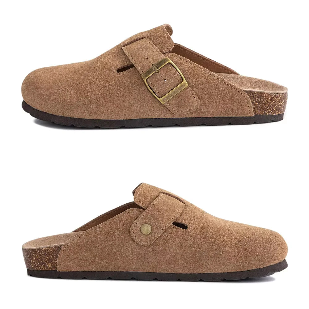 Asgard Women Cork Sole Clogs Slippers Fashion Cow Suede Flat Mules With Adjustable Buckle Men Leather Potato Shoes Beach Sandals