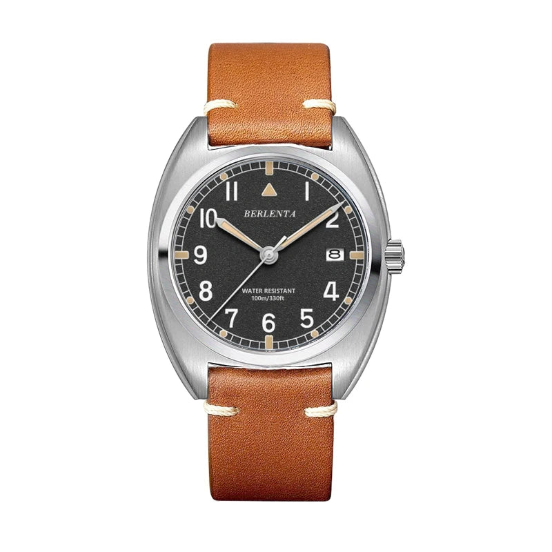 Berlenta Brand original Retro Leather Field Watch For Men Top Luxury 316L Steel Case Military Wristwatch Enlistment Gift