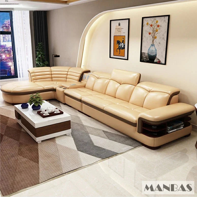 MANBAS Luxury L-Shaped Genuine Leather Sectional Sofa Sets with USB, Bluetooth Speaker - Living Room Italian Leather Couches