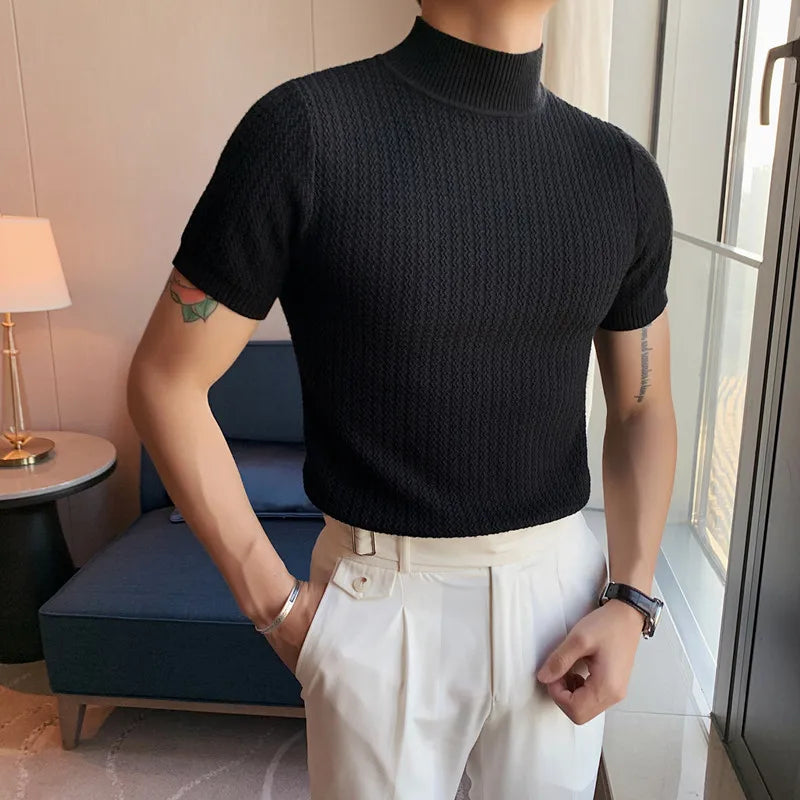 Fall Winter New Short Sleeve Knitted Sweater Men Clothing Half High Neck Slim Fit Sweater T-shirt Casual Stretch Homme Pullover