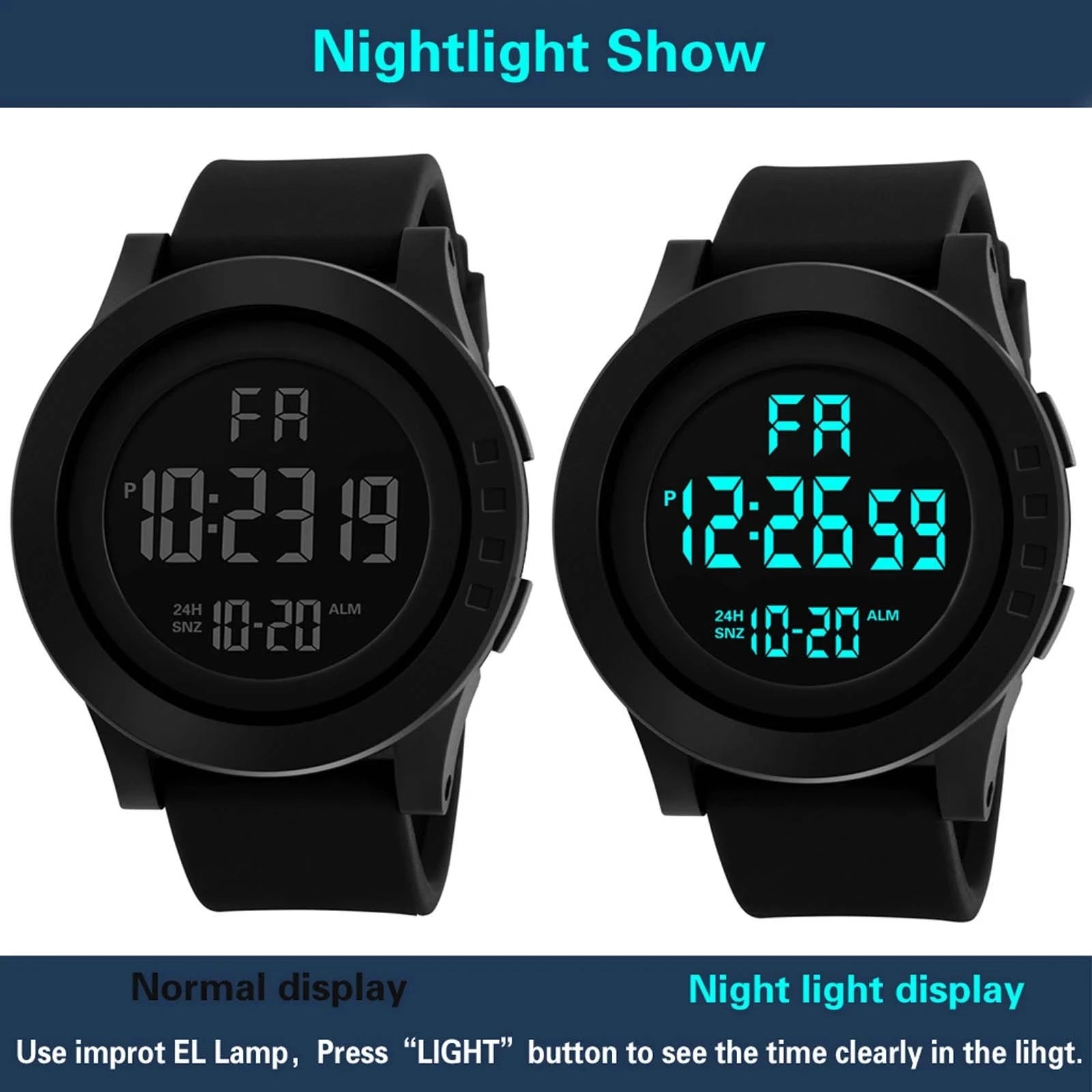 Mens Women Digital Watch Big Dial Light LED Swim Waterproof Rubber Band Alarm Black LED Watches