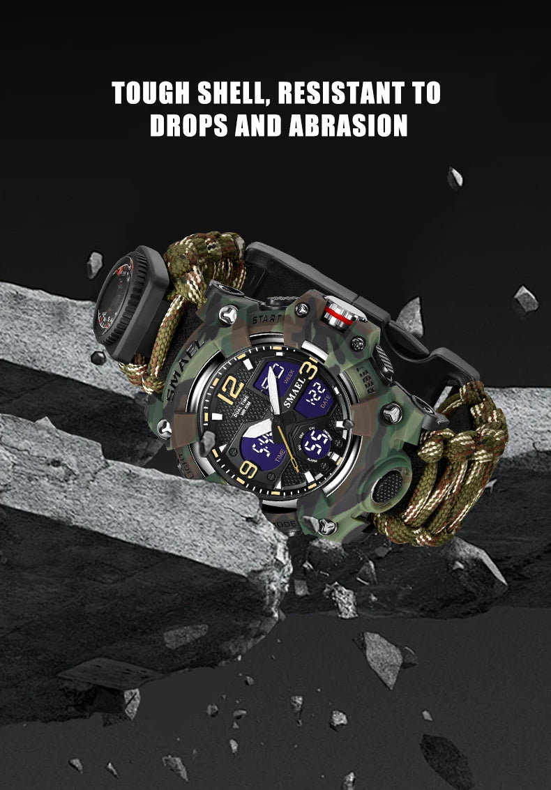 SMAEL 8008N Men's Military Sport Watch - 50M Waterproof LED Dual Time Alarm Stopwatch Compass SOS Shockproof