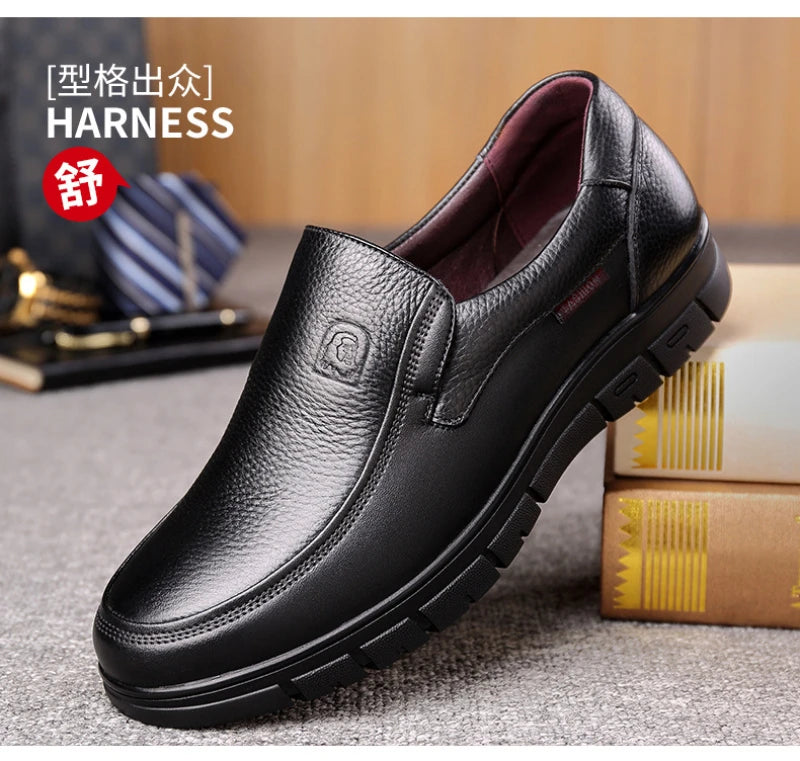 Mens Black Genuine Leather Slip On Loafers Soft Cushioned Sole Comfortable Business Casual Shoes For Middle Aged Dad Daily