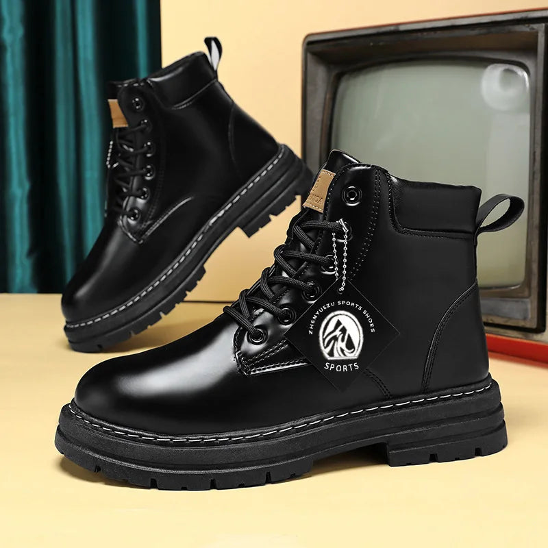 High Top Boots Men's Leather Shoes Fashion Motorcycle Ankle Boots for Men Winter Boots Man Shoes Lace-Up Botas Men Flat Sneakers