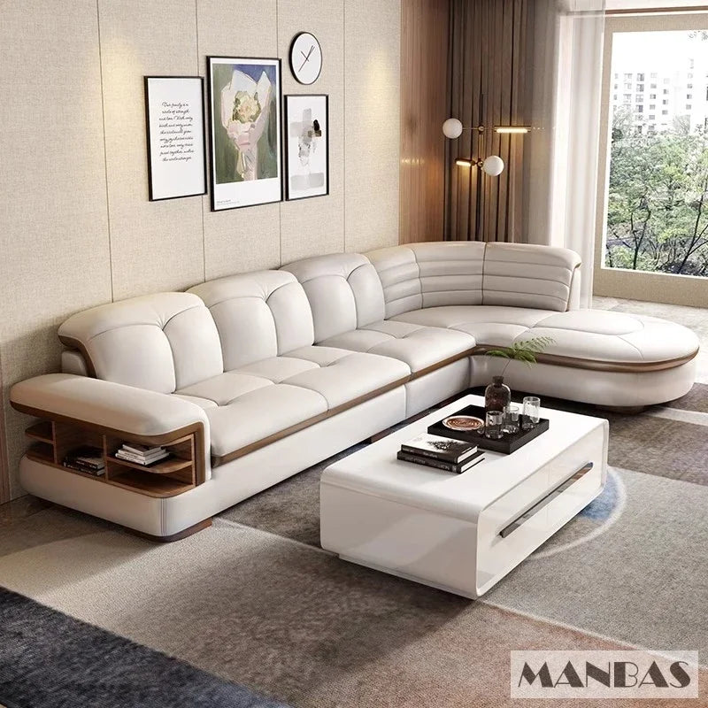 MANBAS Luxury L-Shaped Genuine Leather Sectional Sofa Sets with USB, Bluetooth Speaker - Living Room Italian Leather Couches