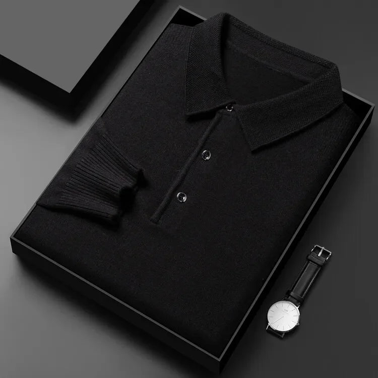 Autumn and Winter New Warm Soft Pullover Men's Business Lapel Knitwear Casual Solid Color Long Sleeve Polo Shirt Office