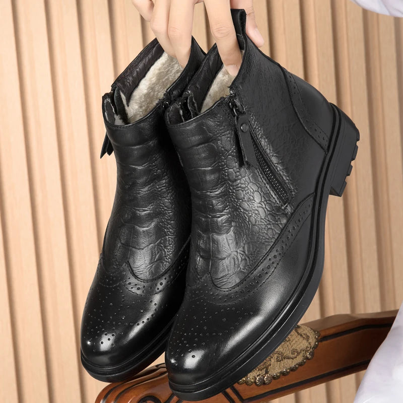 Genuine Leather Men Side Zipper Ankle Boots 2023 Men Winter Plush Snow Boots Fashion Men Casual Low Top Shoes All-match Men Shoe