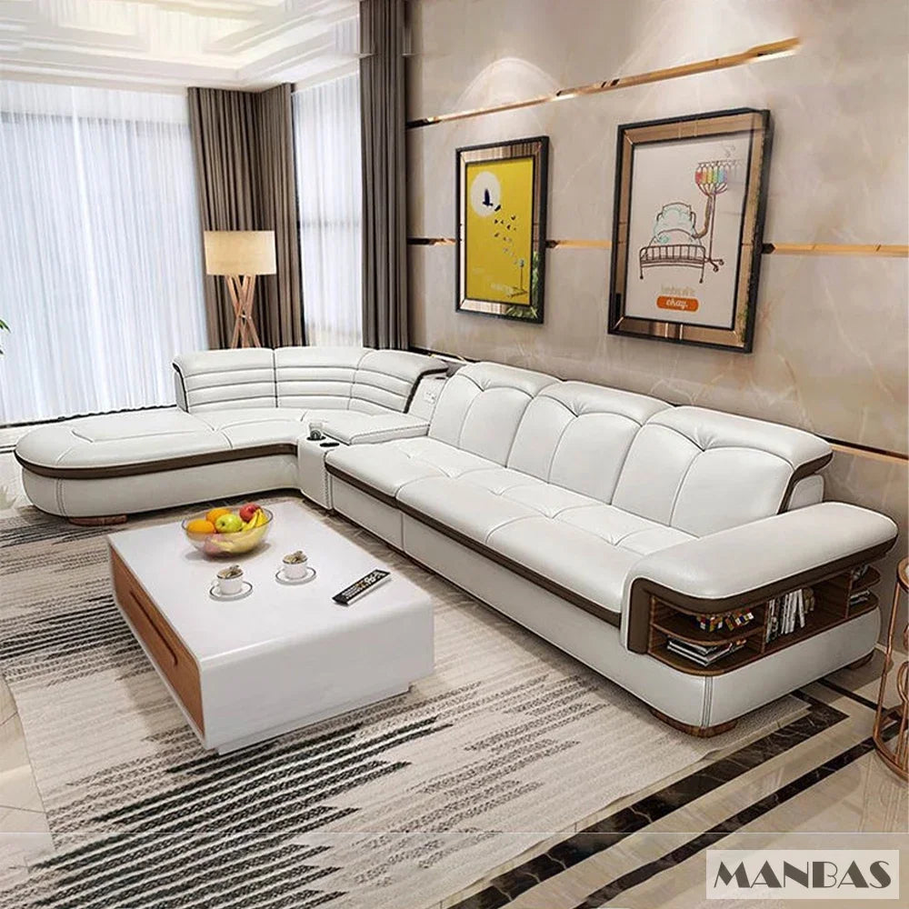MANBAS Luxury L-Shaped Genuine Leather Sectional Sofa Sets with USB, Bluetooth Speaker - Living Room Italian Leather Couches