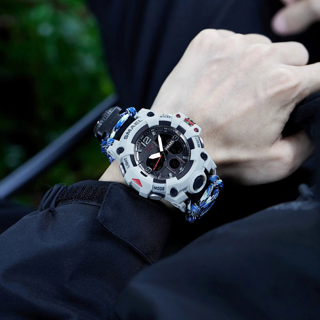 SMAEL 8008N Men's Military Sport Watch - 50M Waterproof LED Dual Time Alarm Stopwatch Compass SOS Shockproof