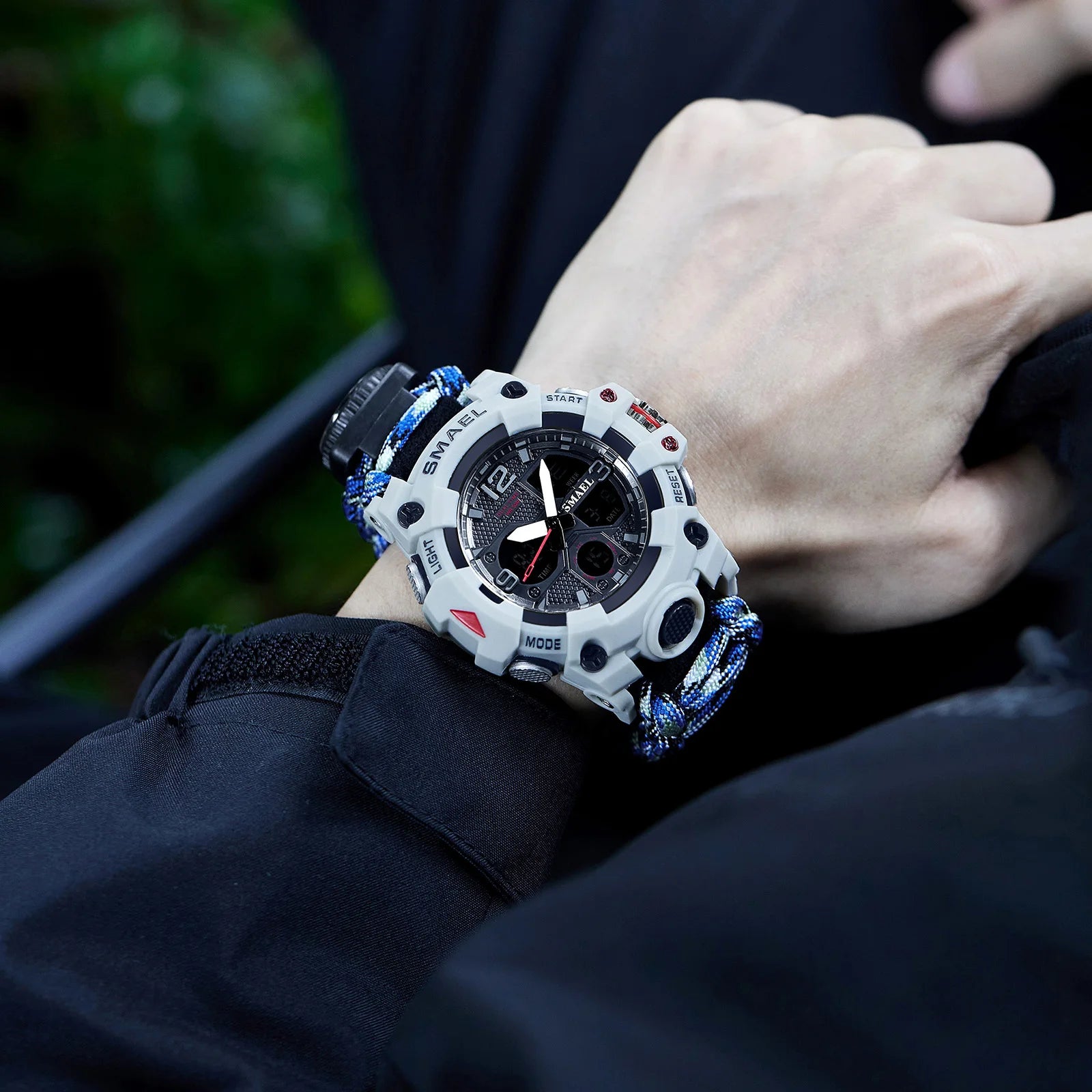 SMAEL 8008N Men's Military Sport Watch - 50M Waterproof LED Dual Time Alarm Stopwatch Compass SOS Shockproof