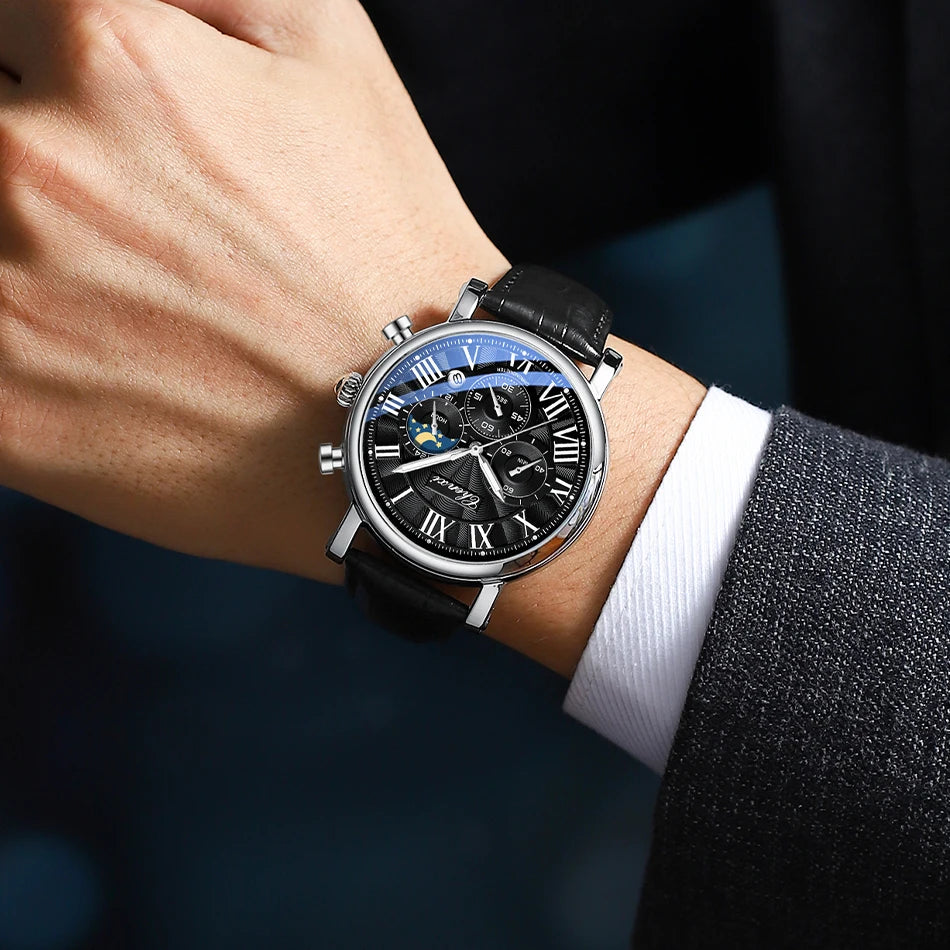 CHENXI Multifunction Men's Watches Business Roman Numerals Leather Strap Quartz Man Watch Chronograph Moon Phase Calendar
