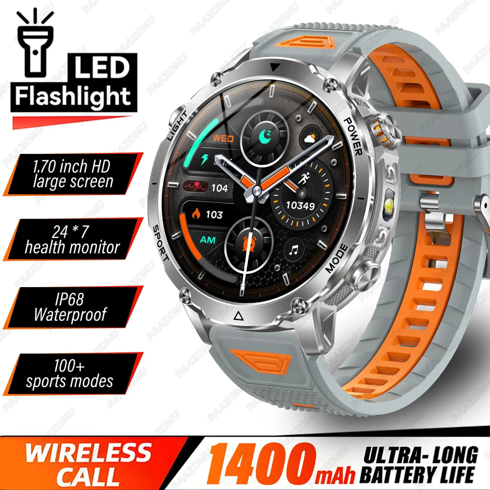Brand+ Military 1400mAh Battery Smart Watch Men Outdoor Flashlight 10ATM Waterproof Heart Rate Bluetooth Call Sports Bracelets