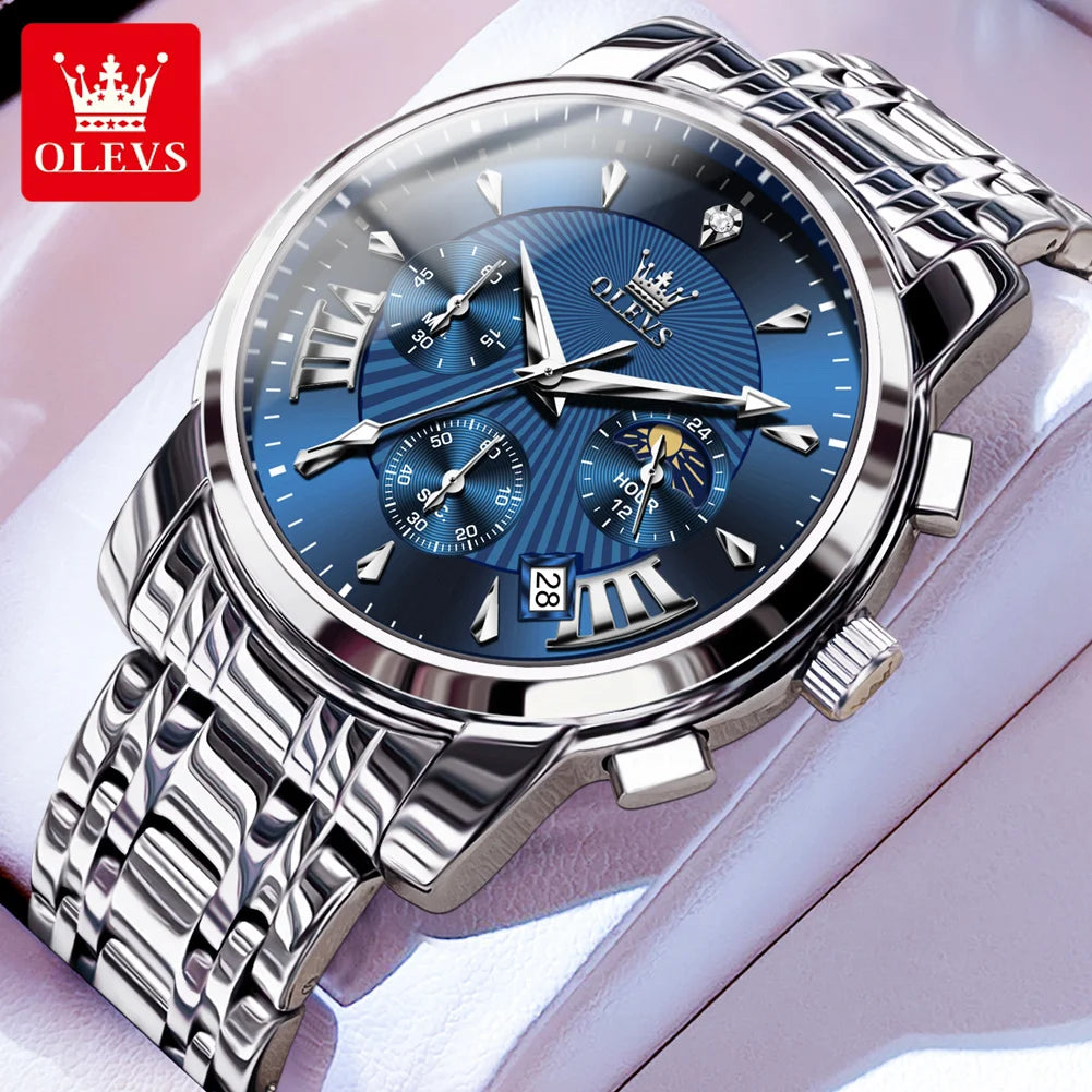 OLEVS 2892 Men Watch Original Quartz Watch Luxury Waterproof Luminous Calendar Moon Phase Chronograph Business Sports Men Watch