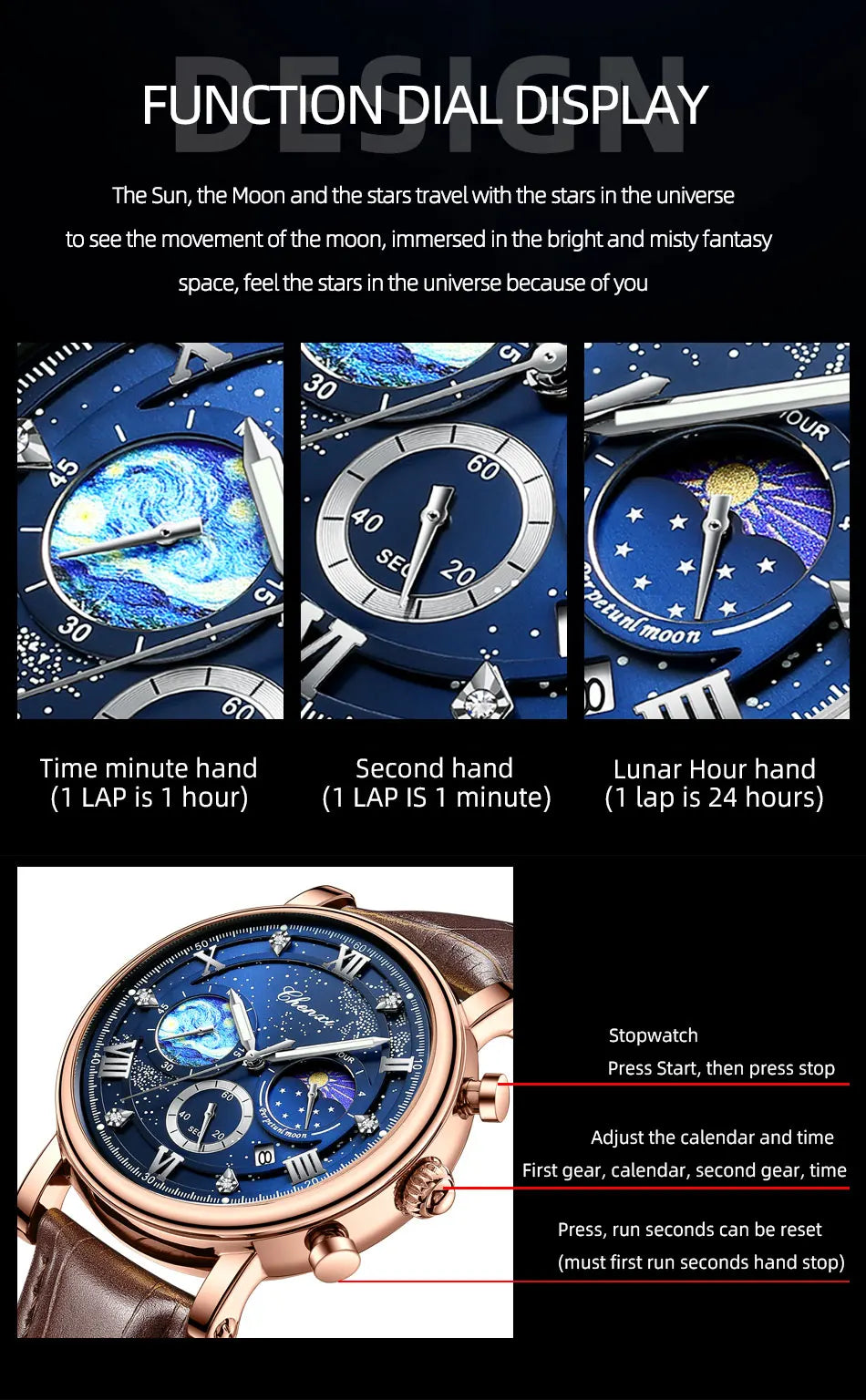 CHENXI Multi-functional Fashion Men's Watches Luminous Moon Phase Chronograph Men Wristwatches Calendar Quartz Watch For Man
