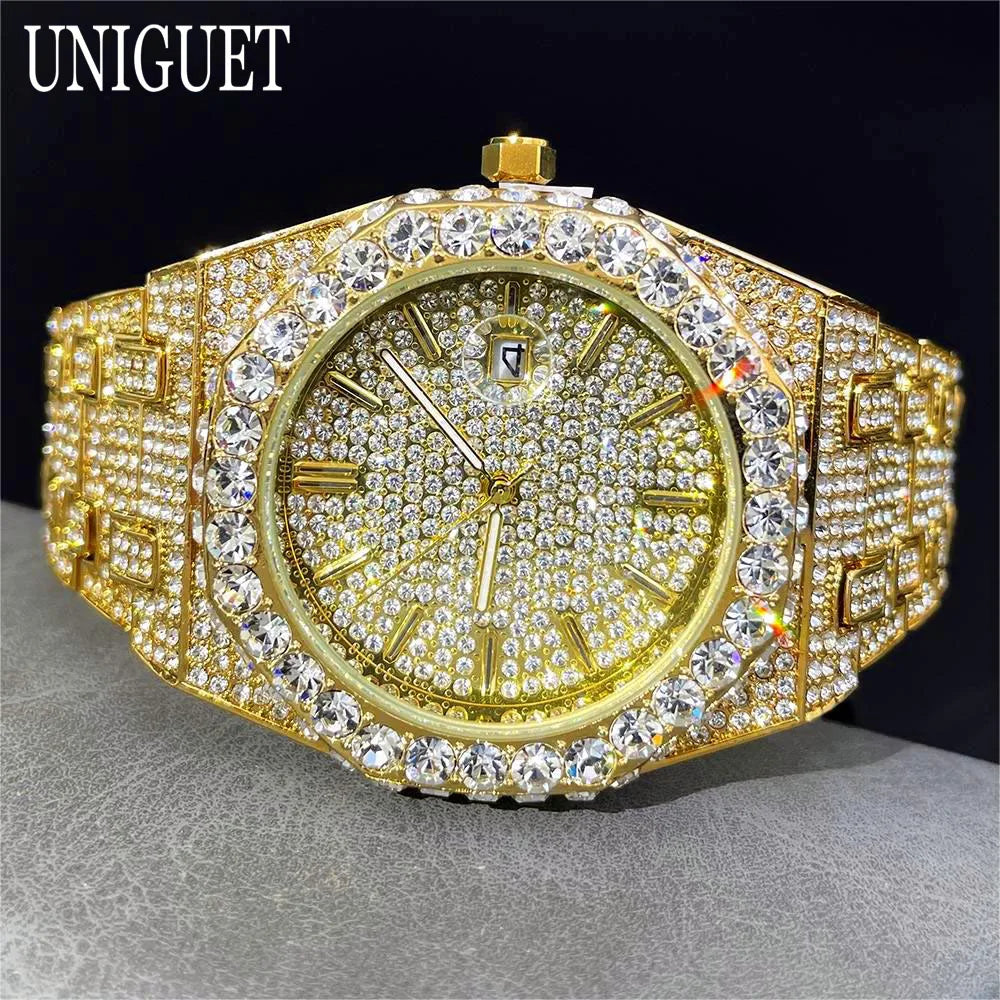 2025 New Luxury Brand UNIGUET Iced Watch For Men Fashion Hip Hop Diamond Waterproof Stainless Steel Wristwatch Male Dropshipping