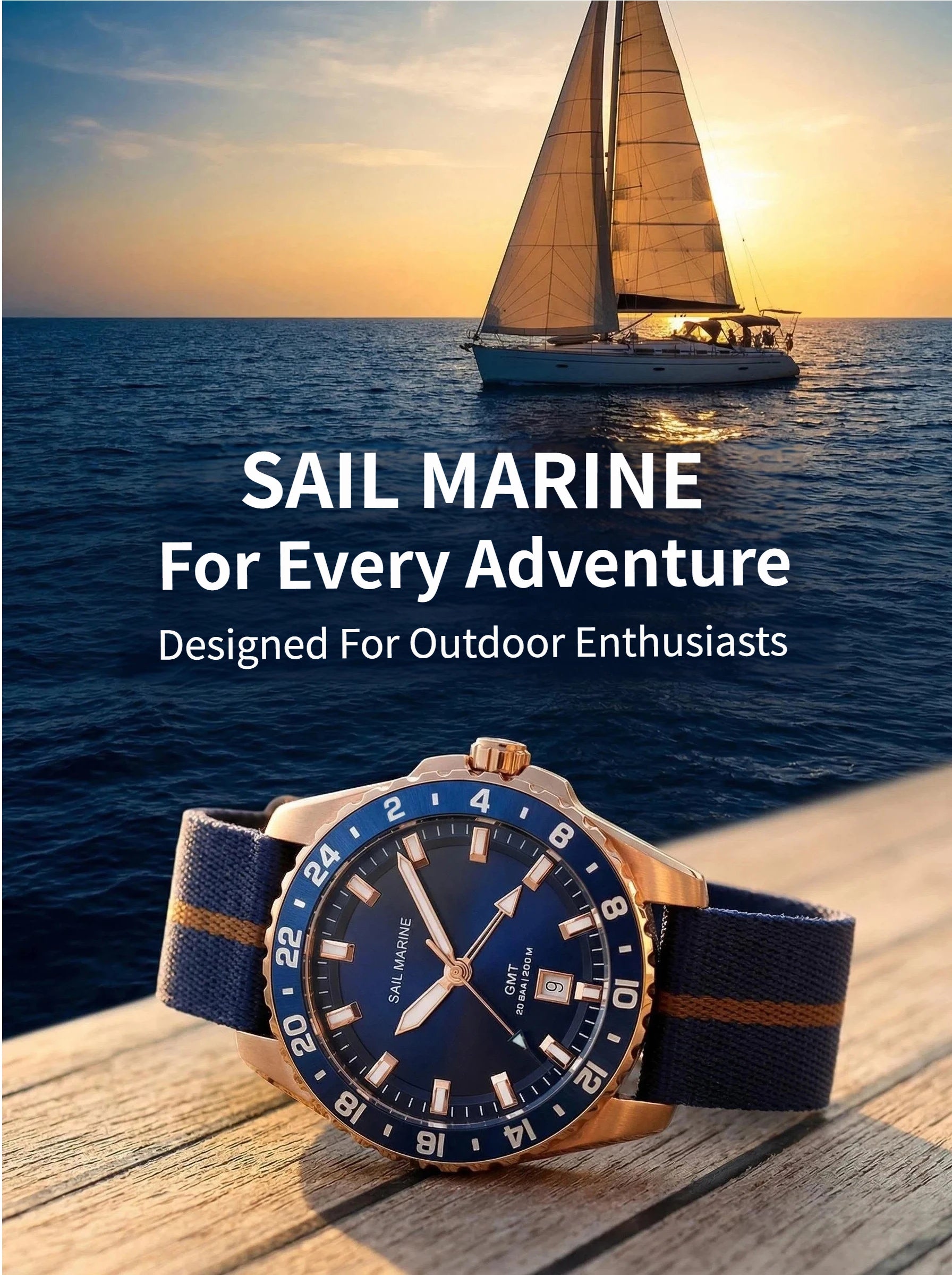 Top Quality Rose Gold Men's Luminous Casual Watch Fabric Strap GMT Quartz Wristwatch Stainless Steel Case 20 Bar Deep Waterproof