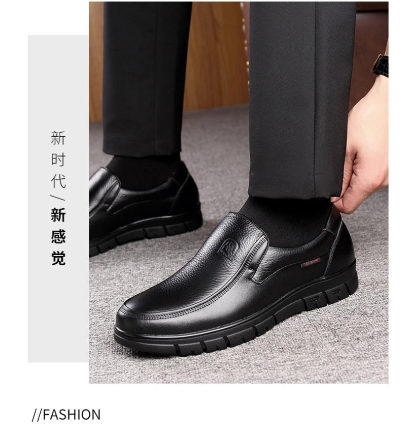 Mens Black Genuine Leather Slip On Loafers Soft Cushioned Sole Comfortable Business Casual Shoes For Middle Aged Dad Daily