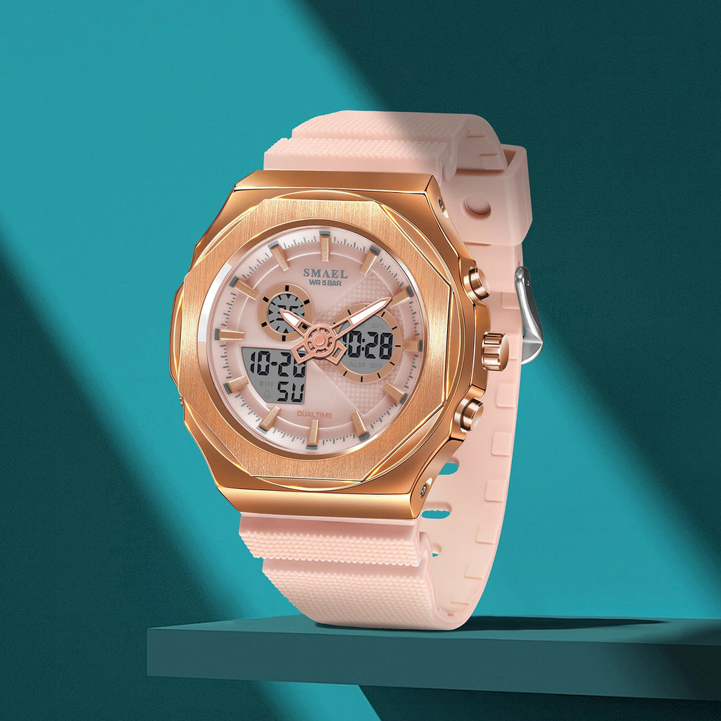 SMAEL Sport  Watches Women  50M Waterproof Lady Watches Pink Lover Gifts 8102 Dual Time Diaplay Watches Digital LED Back Light