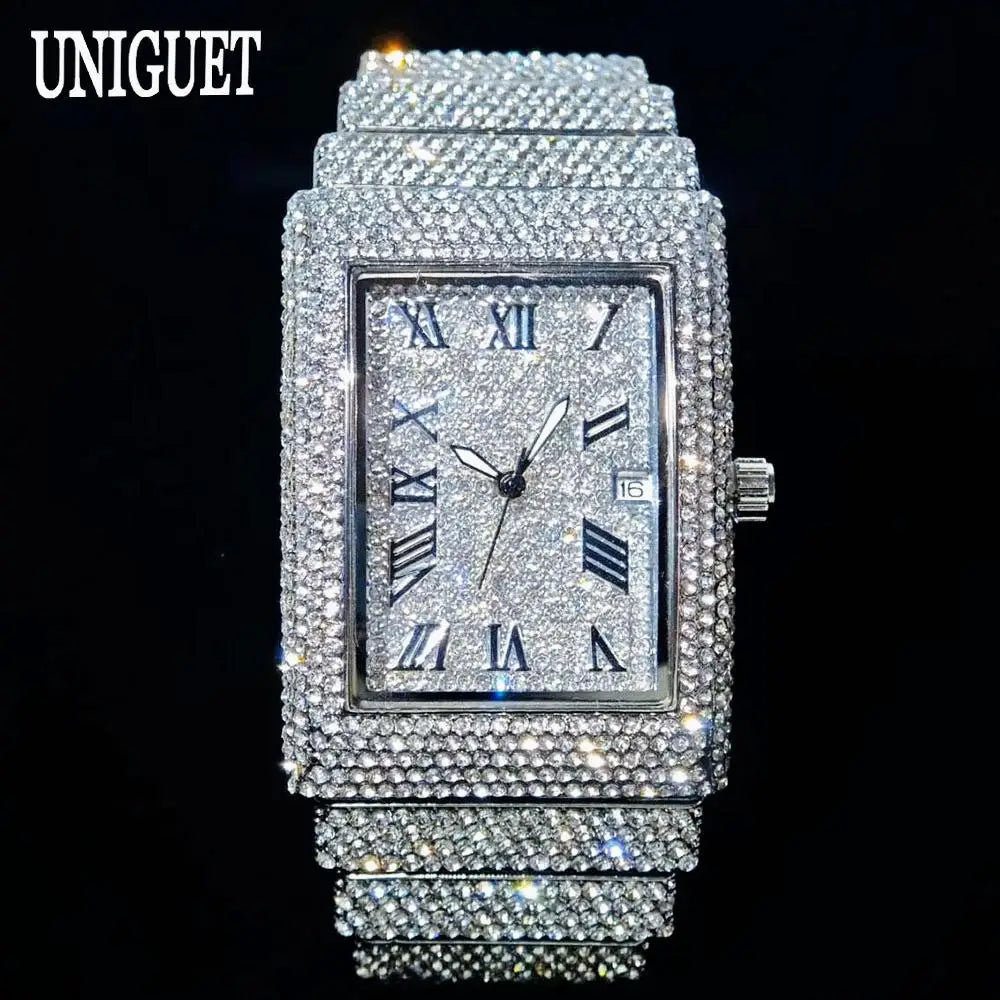 Fashion Rose Watch For Men Luxury Stainless Street Hip Hop Ice Diamond Rectangle Wristwatch Male With Calendar Rlógios Masculino