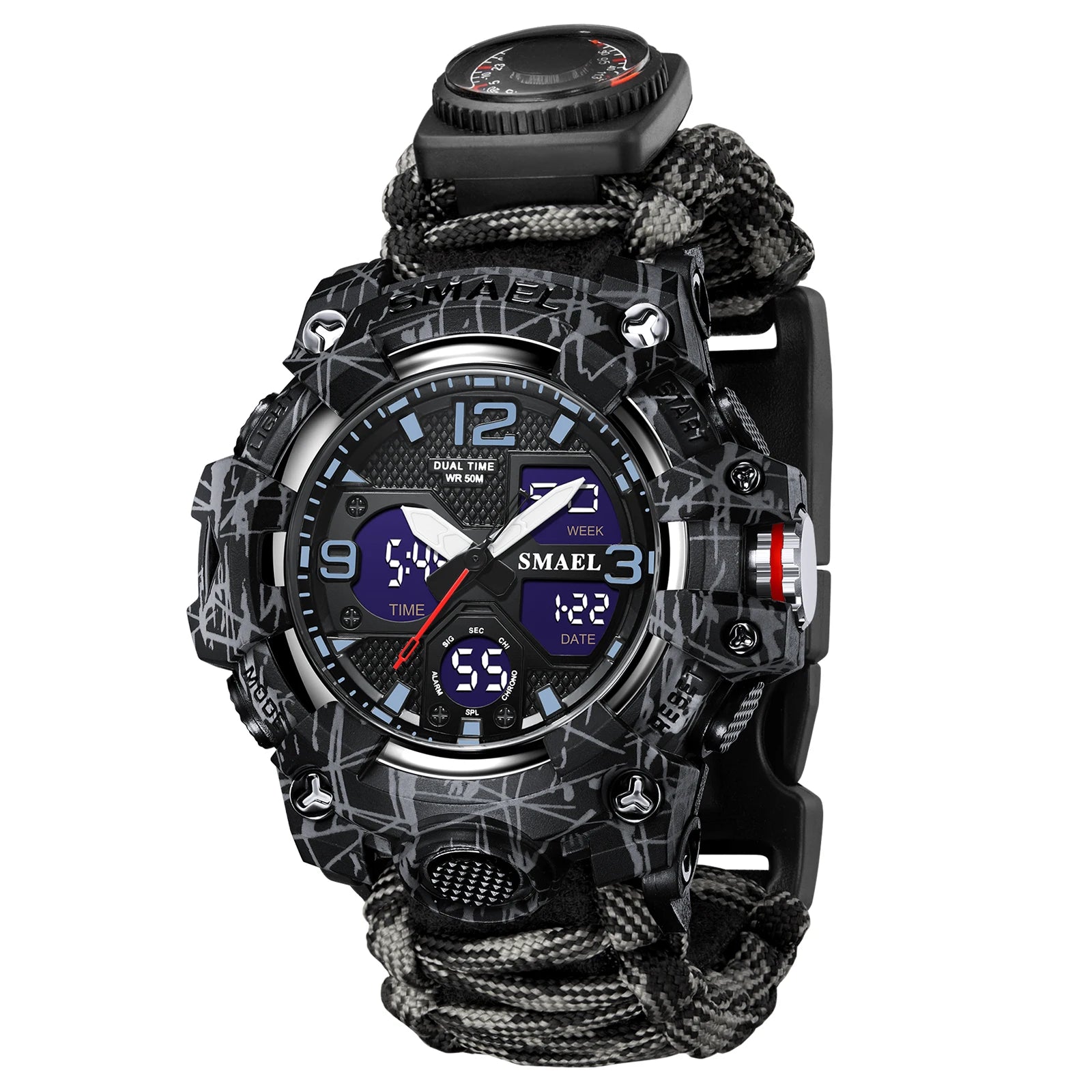 SMAEL 8008N Men's Military Sport Watch - 50M Waterproof LED Dual Time Alarm Stopwatch Compass SOS Shockproof