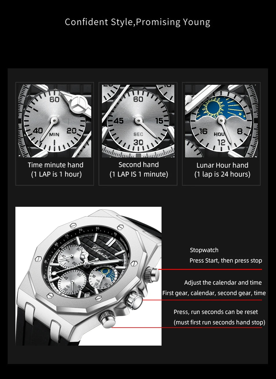 CHENXI Sports Multi-functional Silicone Man Watch Calendar Waterproof Quartz Men Watches Chronograph Moon Phase Men's Wristwatch