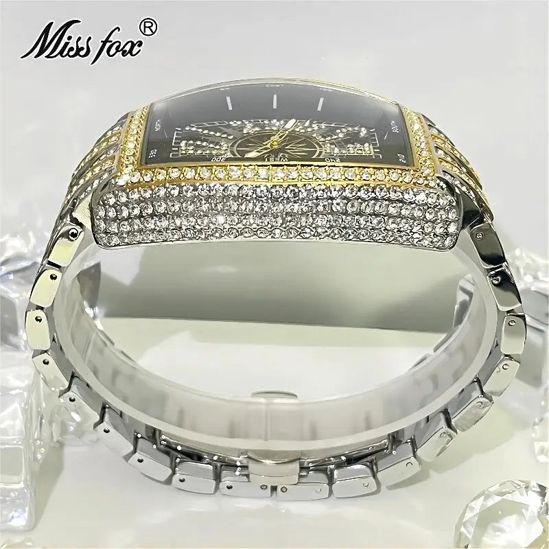 Luxury Gold Watches Men Brand MISSFOX Fashion Hip Hop lce Diamond Sun Pattern Literal Quartz Wristwatch Male Dropshipping Hot