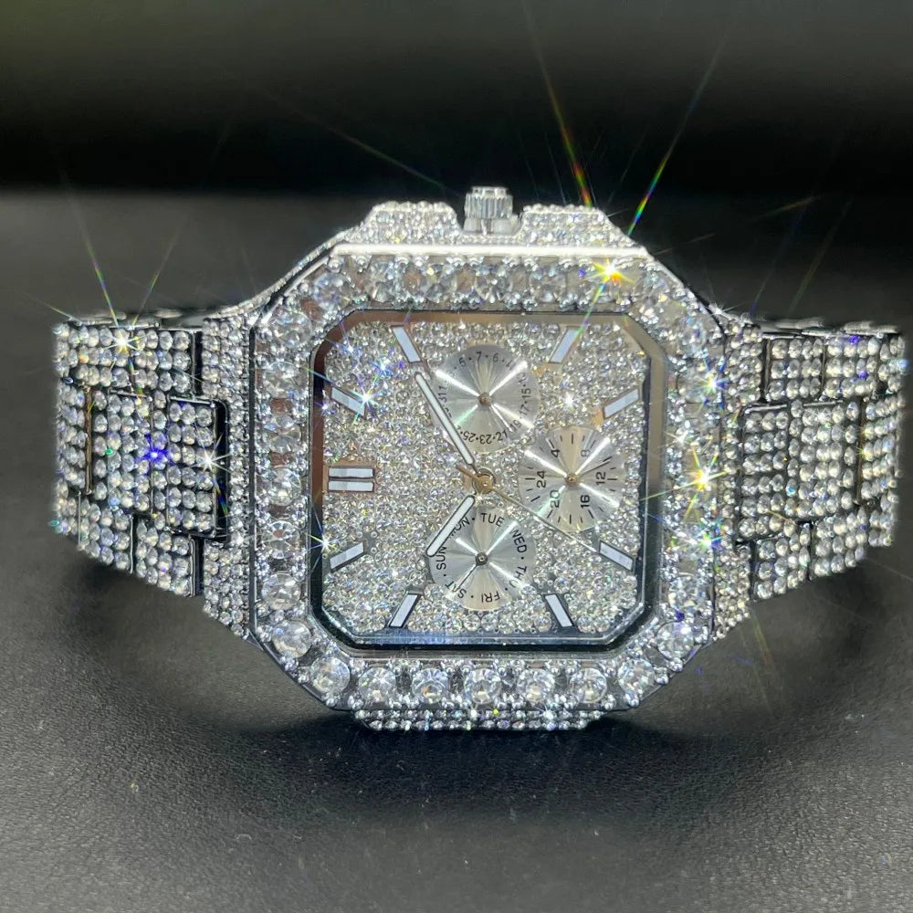 MISSFOX Luxury Diamond Watch for Men Hip Hop Style BlingBling Iced Out Wristwatch Fashion Gold Square Waterproof Clock 2025