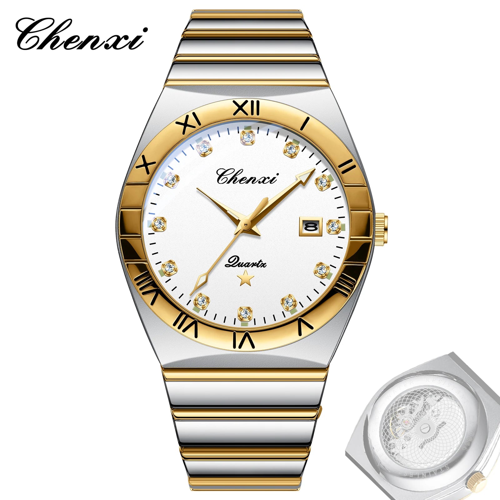 CHENXI Watches For Men Sweep Second Movement See-through Quartz, Waterproof Mens Watch Stainless Steel Golden Wristwatches