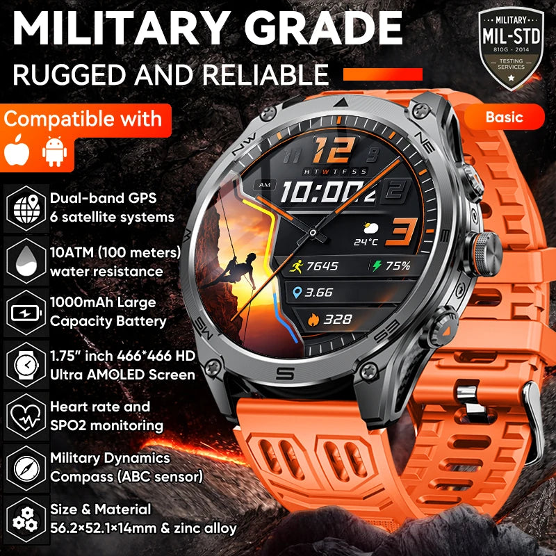 2026New Military Grade 1000mAh Battery GPS Smart Watch 10ATM Waterproof Compass Altimeter Call AMOLED Men Swim Sports Smartwatch